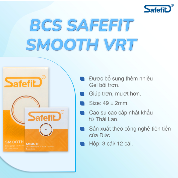 Bao cao su mỏng nhiều chất bôi trơn Safefit Smooth - hộp 12 chiếc