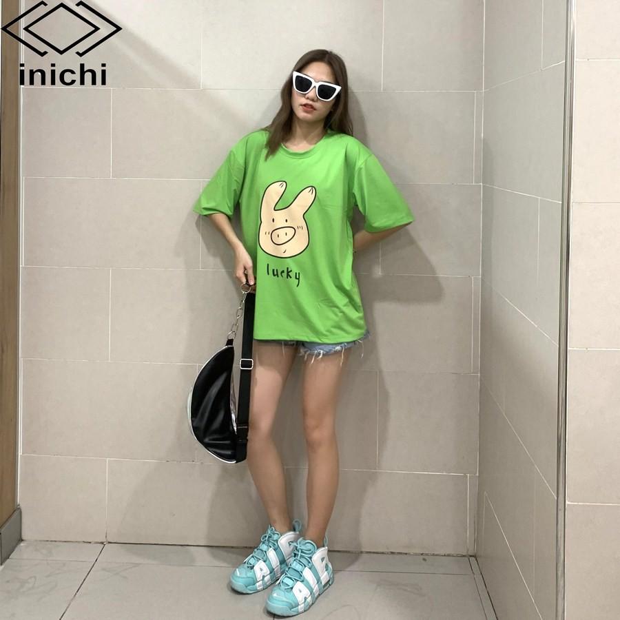 Áo thun Unisex INICHI tay lỡ form rộng phong cách nam nữ in hình chú heo lucky - A660 xanh lá