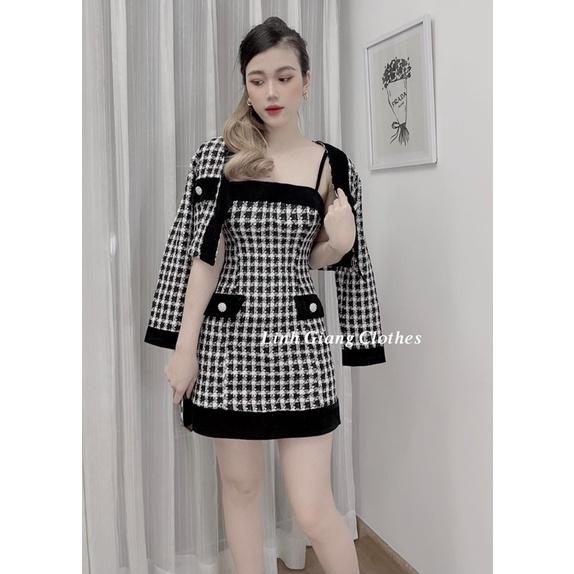 Set váy dạ tweed + áo khoác ngoài màu đen và vàng cho bạn gái