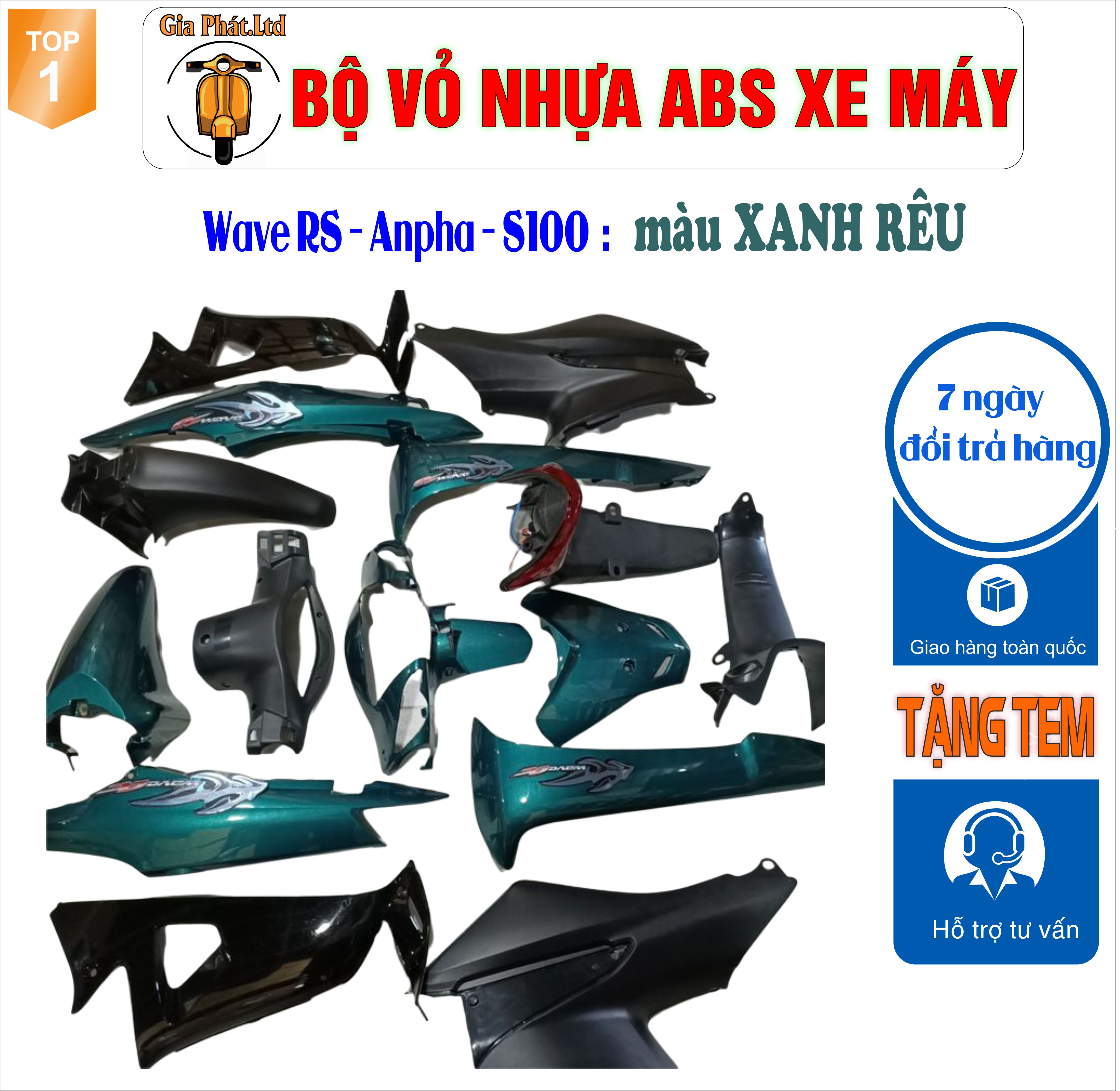 [tặng tem] Dàn áo màu XANH RÊU gắn xe Wave RS - wave alpha - wave s100, nhựa ABS nguyên sinh _TKB_8493