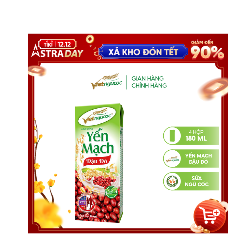 Lốc 4 Hộp Sữa Yến Mạch Đậu Đỏ VIỆT NGŨ CỐC Giàu Chất Xơ Tốt Cho Sức Khỏe Dùng Uống Liền 180ml/Hộp