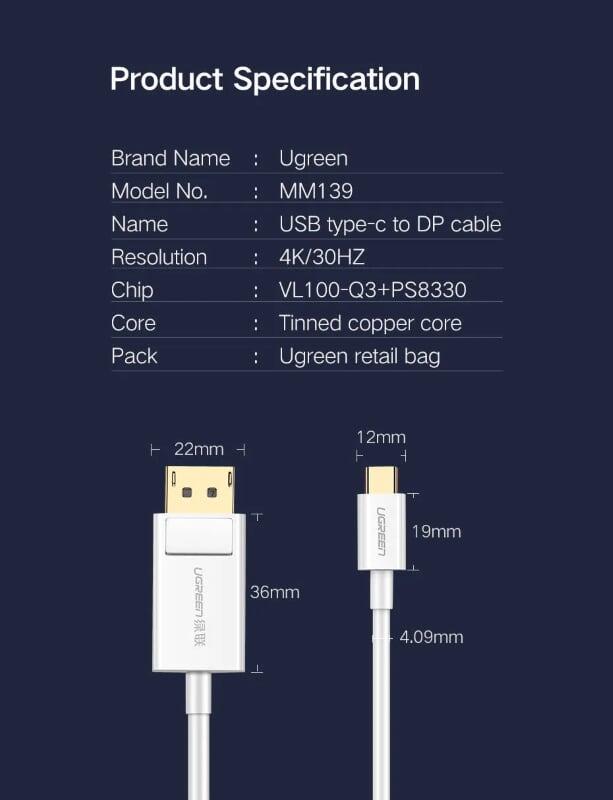 Ugreen UG40420MM139TK 1.5M màu Trắng Cáp chuyển đổi TYPE C sang DISPLAYPORT dương - HÀNG CHÍNH HÃNG