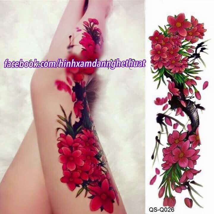 Hình xăm dán hoa đào kín tay màu 17x48cm- tặng bắp tay mini 10x20cm khi mua từ 2 tấm bất kì