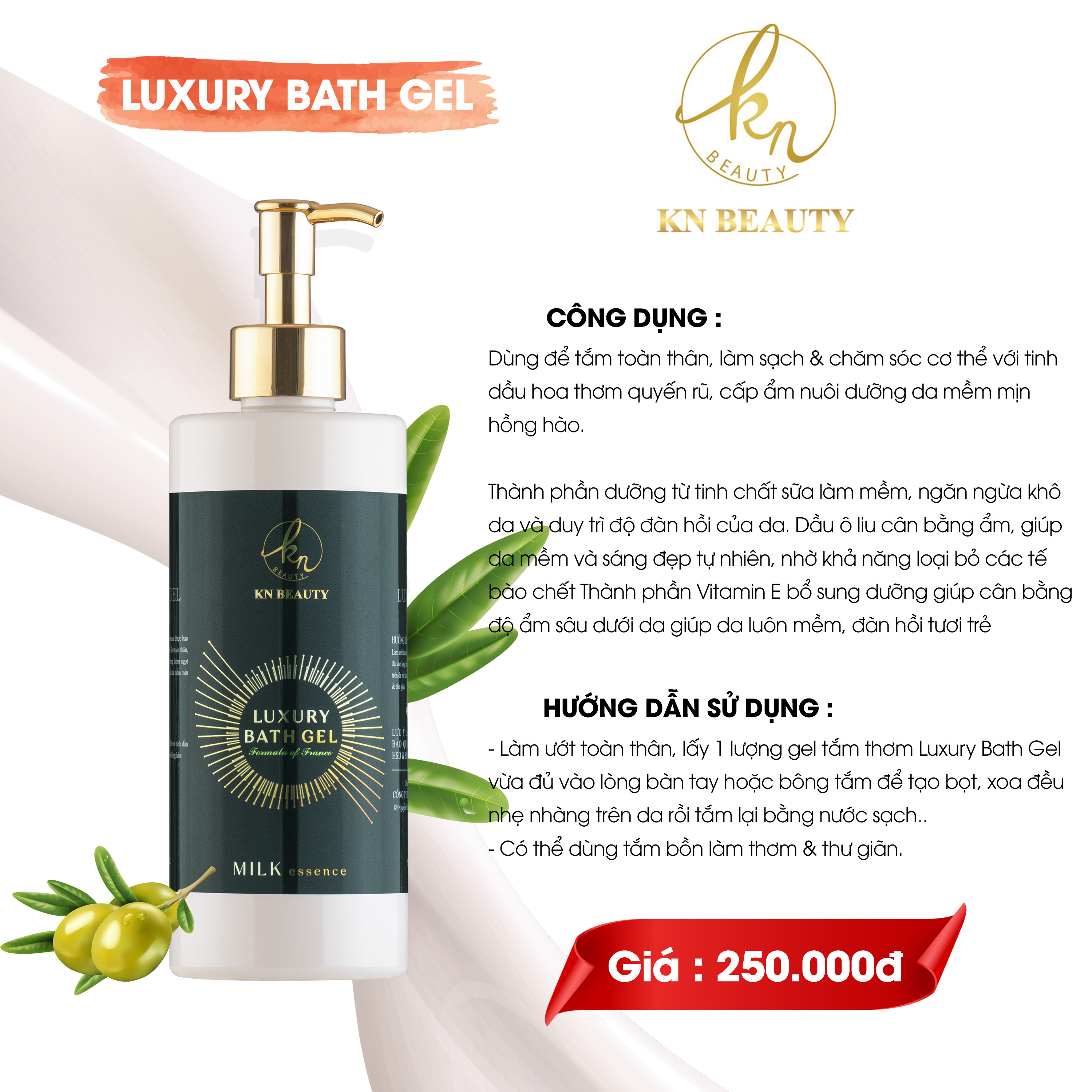 Sữa tắm tinh chất Sữa &amp; Dầu Ô liu KN Beauty – Luxury Bath Gel MILK essence 380ml tặng nước hoa cao cấp Kn Beauty