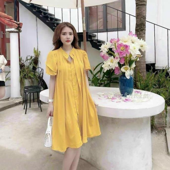 TBL-Video Đầm Babydoll Dập Ly From Dài, đầm bầu xòe cực xinh tay ngắn cánh sen, cổ kiểu xanh, vàng, đen