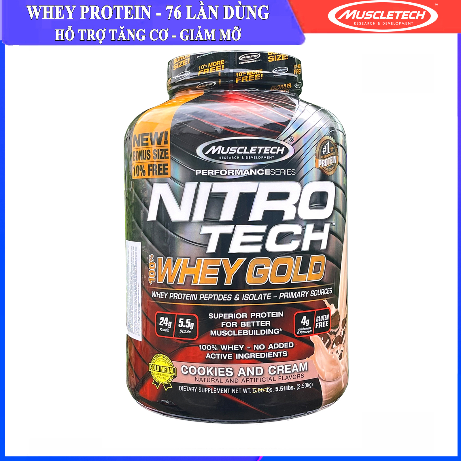 Sữa tăng cơ cao cấp Nitro Tech 100% Whey Gold của Muscle tech hỗ trợ tăng cơ, giảm cân, đốt mỡ cho người tập GYM