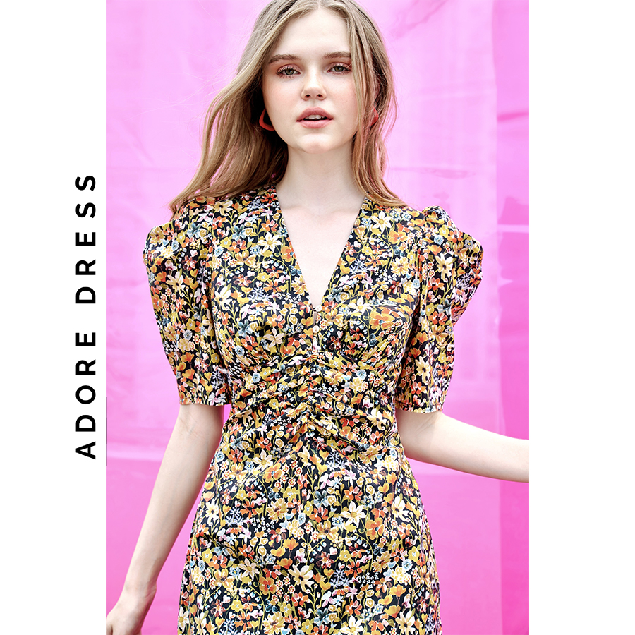 Đầm Mini dresses thô lụa đen hoa nhỡ nhún eo 311DR1006 ADORE DRESS