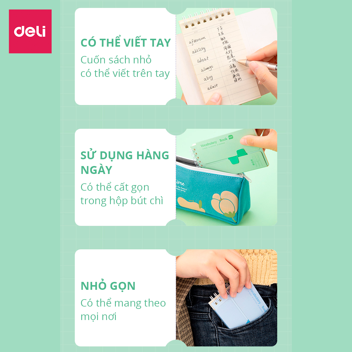 Sổ học từ vựng thông minh thẻ ghi nhớ flashcard luyện thi tiếng Anh Nhật Hàn Trung Đức Pháp cho bé học thuộc nhanh khổ A7 180 trang Deli - Phù hợp cho học sinh , sinh viên nhỏ gọn tiện lợi - 24210