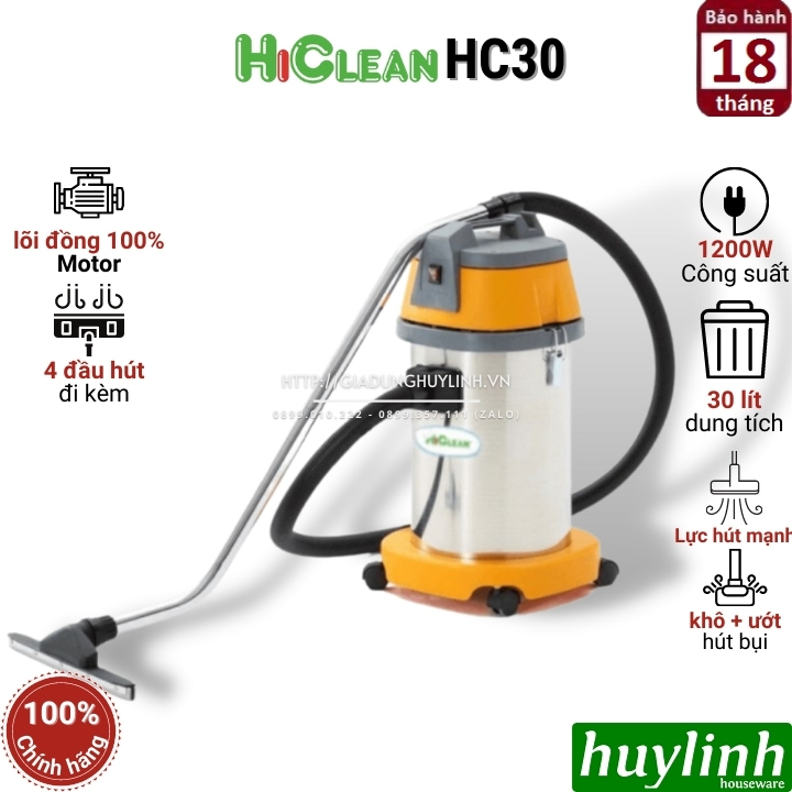 Máy hút bụi công nghiệp Hiclean HC30 - 30 lít - Công suất 1200W - Hút khô và ướt - Hàng chính hãng