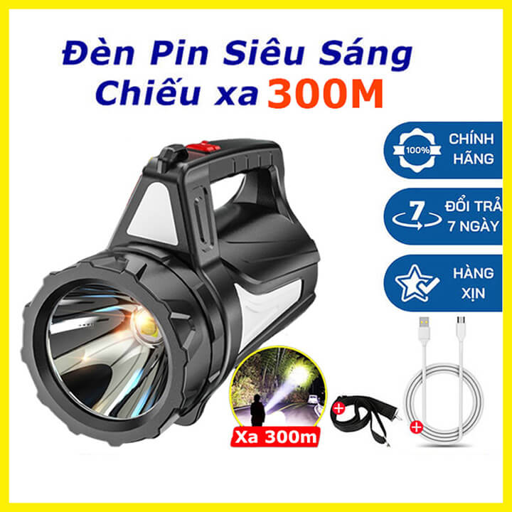 Đèn pin xách tay siêu sáng chiếu xa 300m, đèn Led cầm tay đa năng 4 chế độ,pin trâu, chống thấm nước có dây đeo