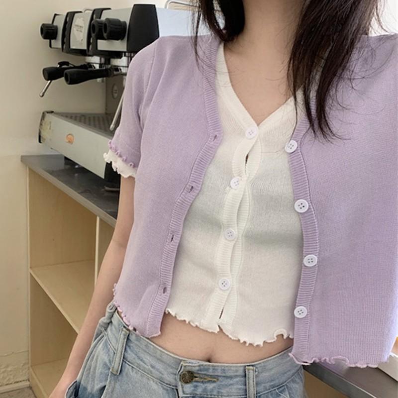 Áo Khoác Cardigan Dệt Kim Cổ Chữ V Màu Trơn Thời Trang Mùa Hè Cho Nữ