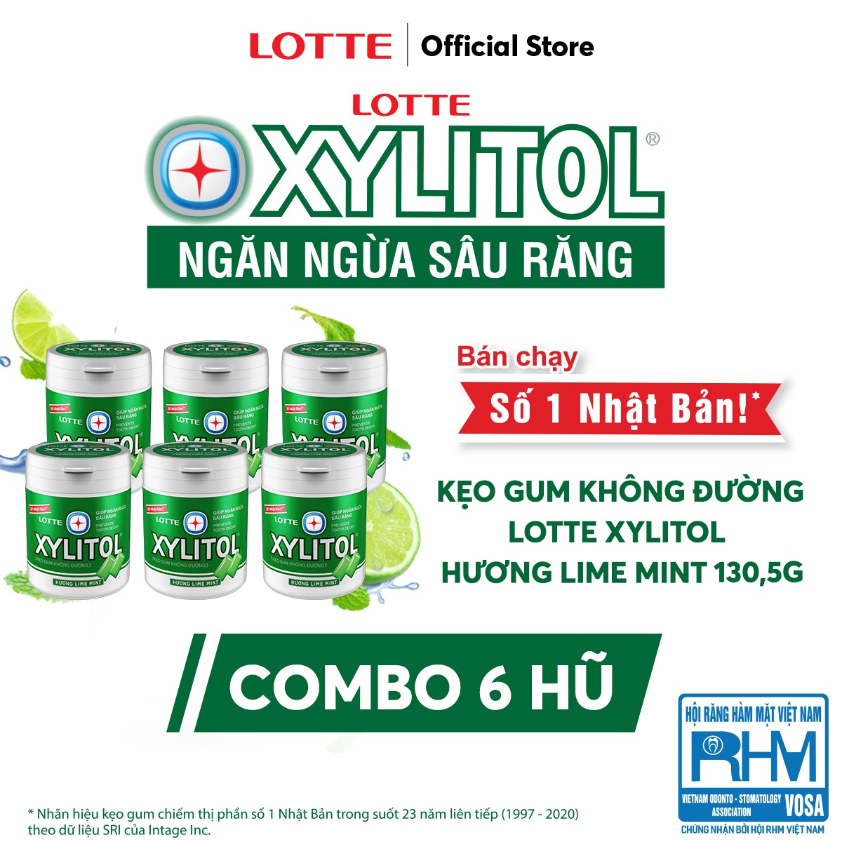 Combo 6 hũ Kẹo Gum không đường Lotte Xylitol - Hương Lime Mint 130,5 g