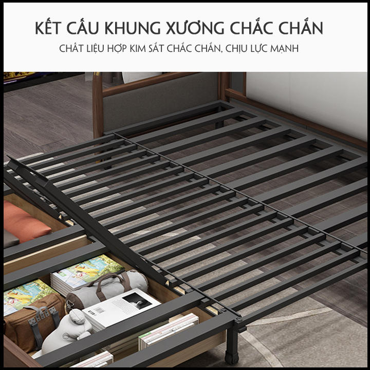 Giường Sofa Gấp Gọn Kiêm Ghế Sofa. Giường Ngủ Sofa Cao Cấp Có Hộc Chứa Đồ. Toàn Bộ Khung Thép Chịu Lực Sơn Tĩnh Điện. Tay Ốp Gỗ Sồi Bọc Đồng. Thiết Kế Thẩm Mĩ, Hiện Đại