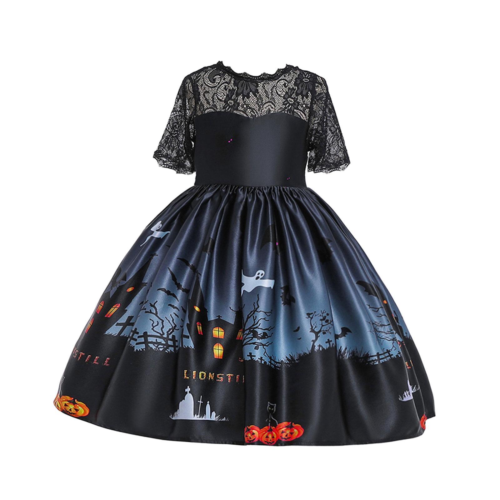 Kids Girls Halloween Costume Dress Pumpkin Skull Printed Fancy Dress Up Cosplay Party Outfits