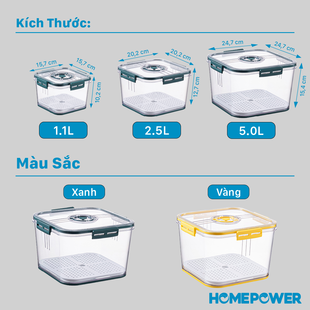 Hộp đựng thực phẩm tủ lạnh, bảo quản đồ ăn rau củ trái cây Homepower 1L/2.5L/5L có lót đáy ráo nước, van thoát khí PET cao cấp 