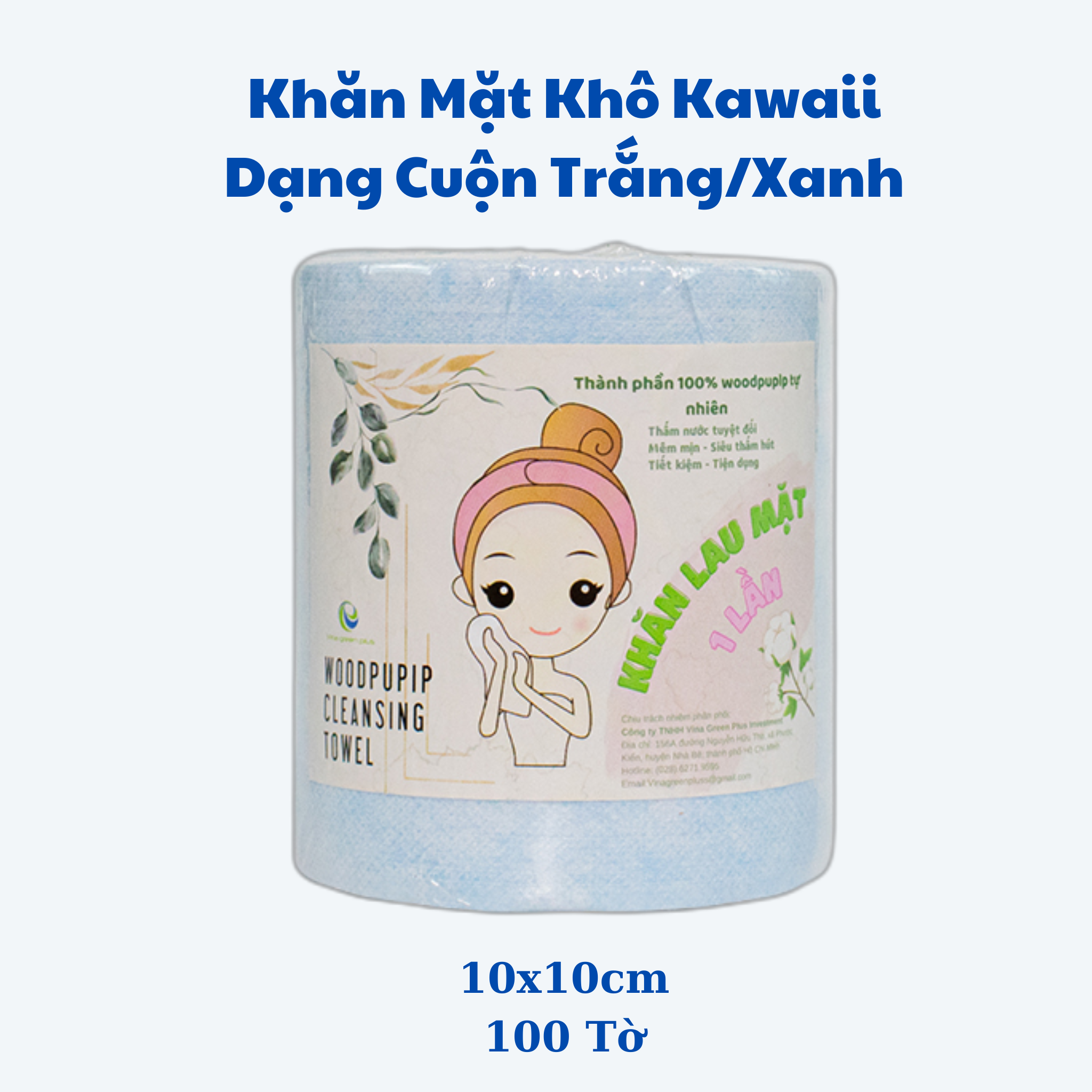 Khăn Tẩy Trang Kawaii - Dạng cuộn Xanh/Trắng 100 tờ khổ 10x10 - Dùng lau khô, lau ướt/ khăn đắp toner