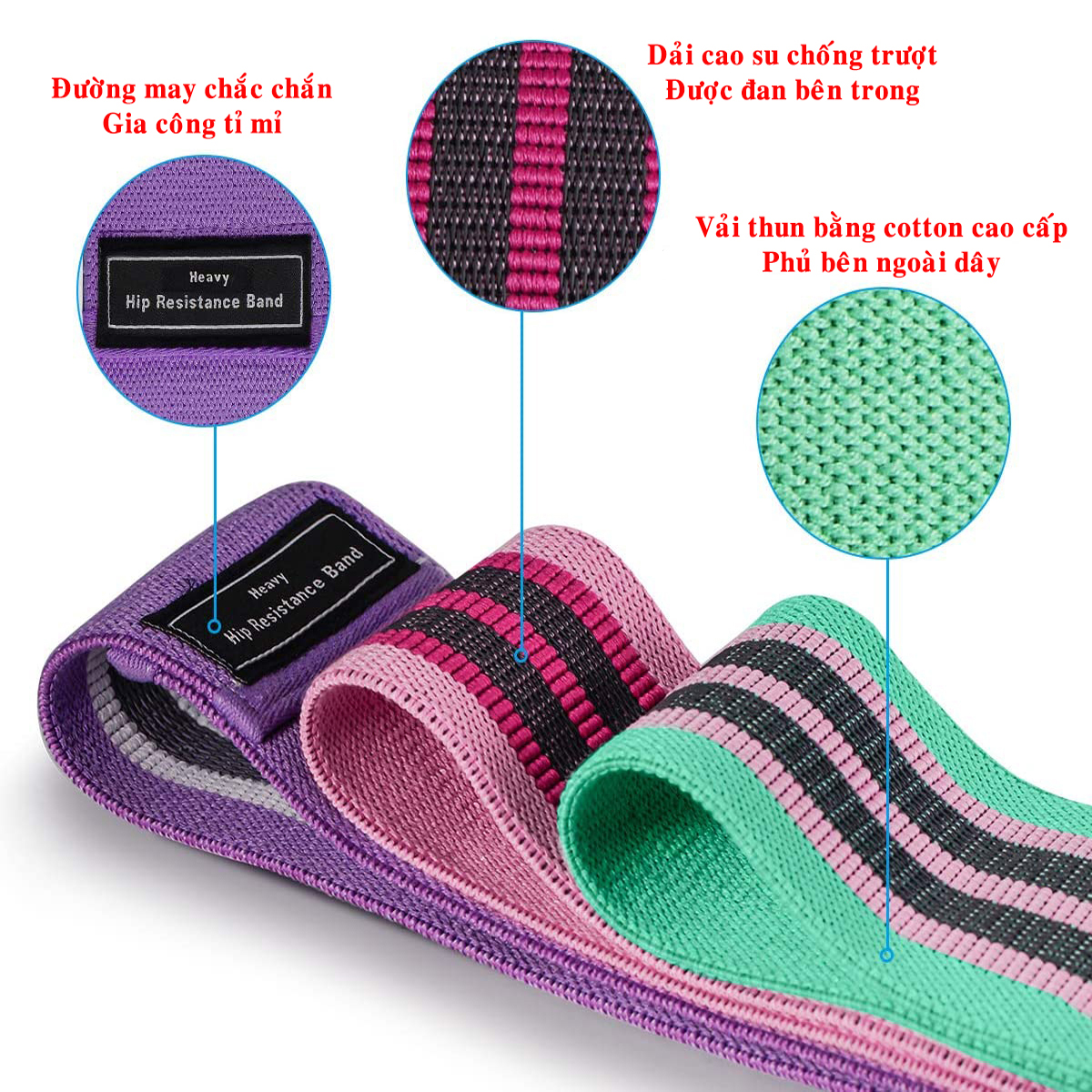 Bộ 3 Dây Kháng Lực Tập Mông Trái Đào Mini Band – Dây Đàn Hồi Hỗ Trợ Tập Chân, Đùi, Mông Tập Gym Tập Thể Thao miniBand Cao Cấp Chính Hãng Dododios