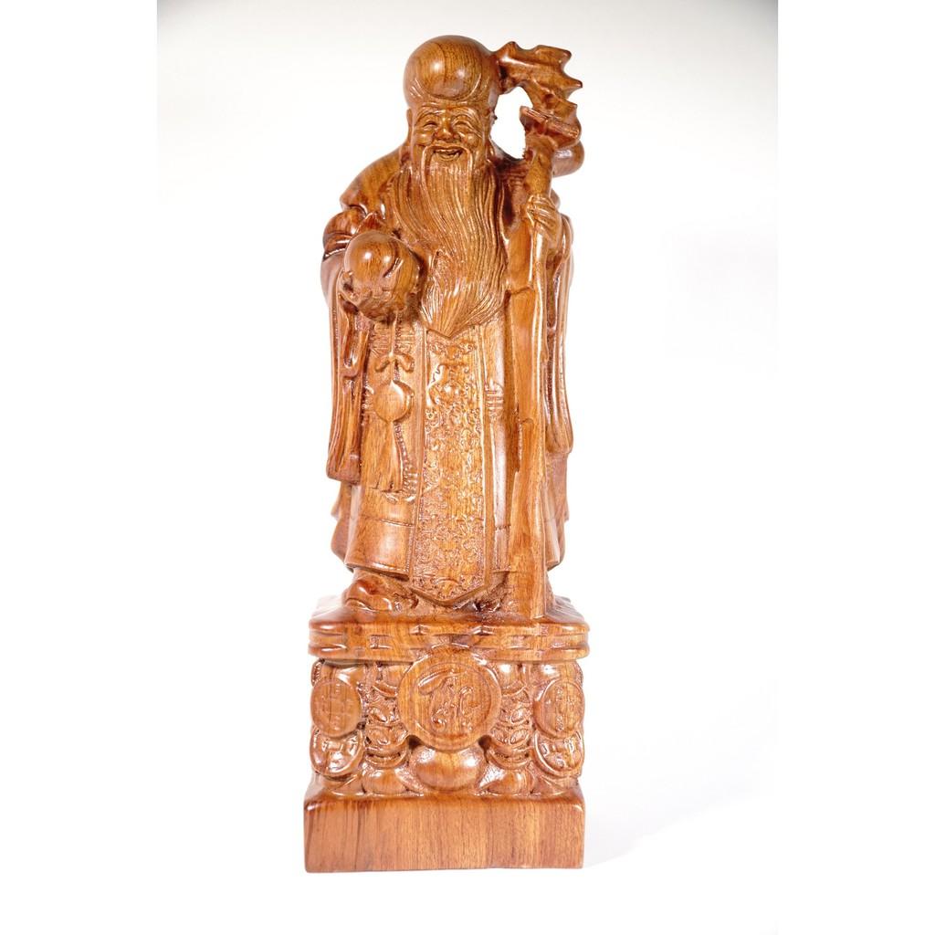 Bộ 3 tượng Phúc Lộc Thọ gỗ hương đứng trên khối đồng xu nguyên khối điêu khắc chạm cực đẹp - Cao 30cm