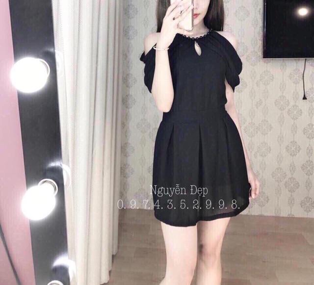 BB166 Đầm trễ vai cổ cườm dễ thương
