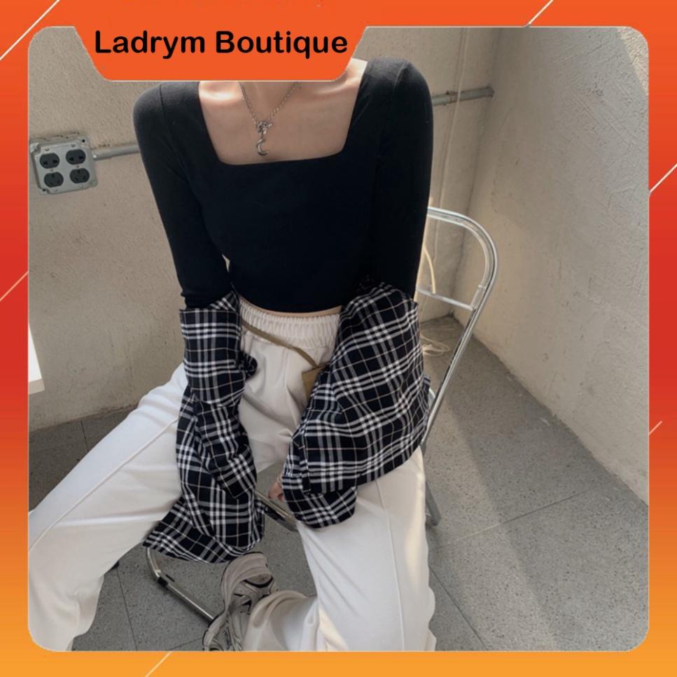 Áo Croptop Tay Dài Cổ Vuông Màu Trơn Co Giãn Phong Cách Hàn Quốc 3 Màu Tùy Chọn