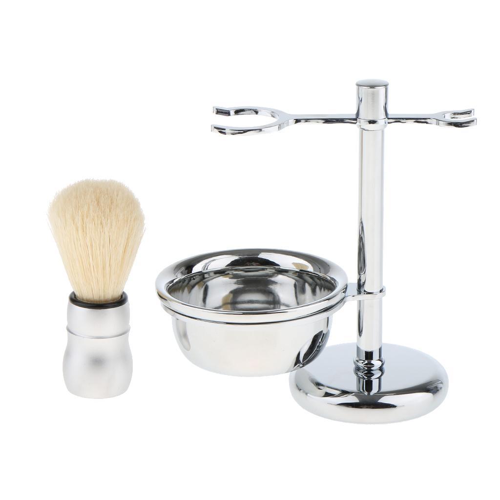 4 in 1 Men's Shaving Kit Soft Nylon Hair Brush + Stainless Steel Shaver Holder Stand & Bowl/Mug + Soap