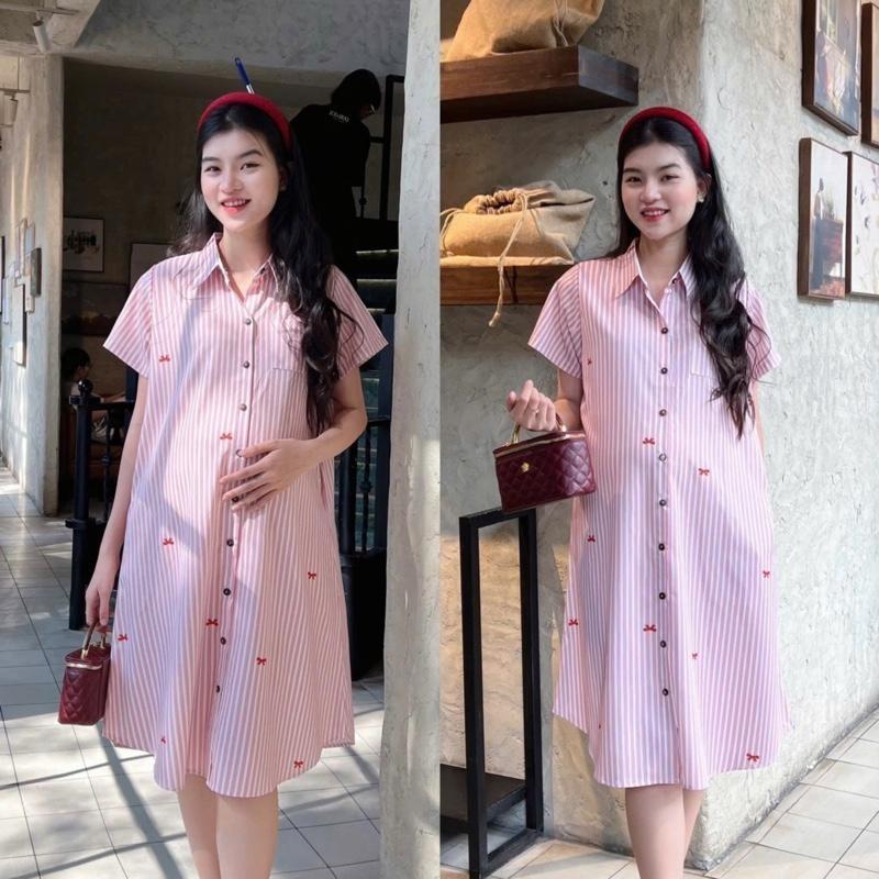 Đầm Bầu Form Dáng Sơ Mi Sọc Xinh Chất Cotton Lụa Mềm Mát, Váy Bầu Cá Tính Size M L - Hồng