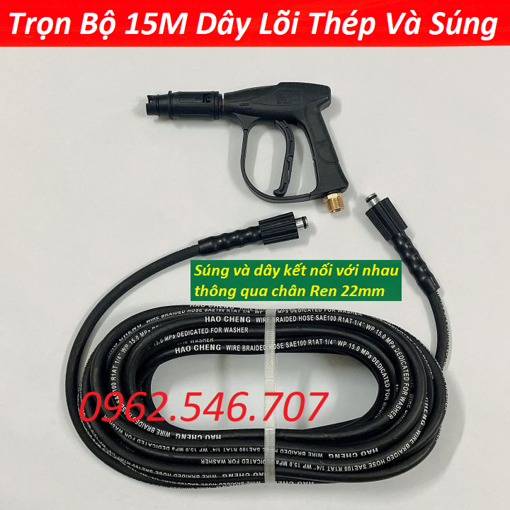 Bộ 10M-15M-20M dây rửa xe lõi thép và súng xịt - súng rửa xe áp lực cao ren 22mm