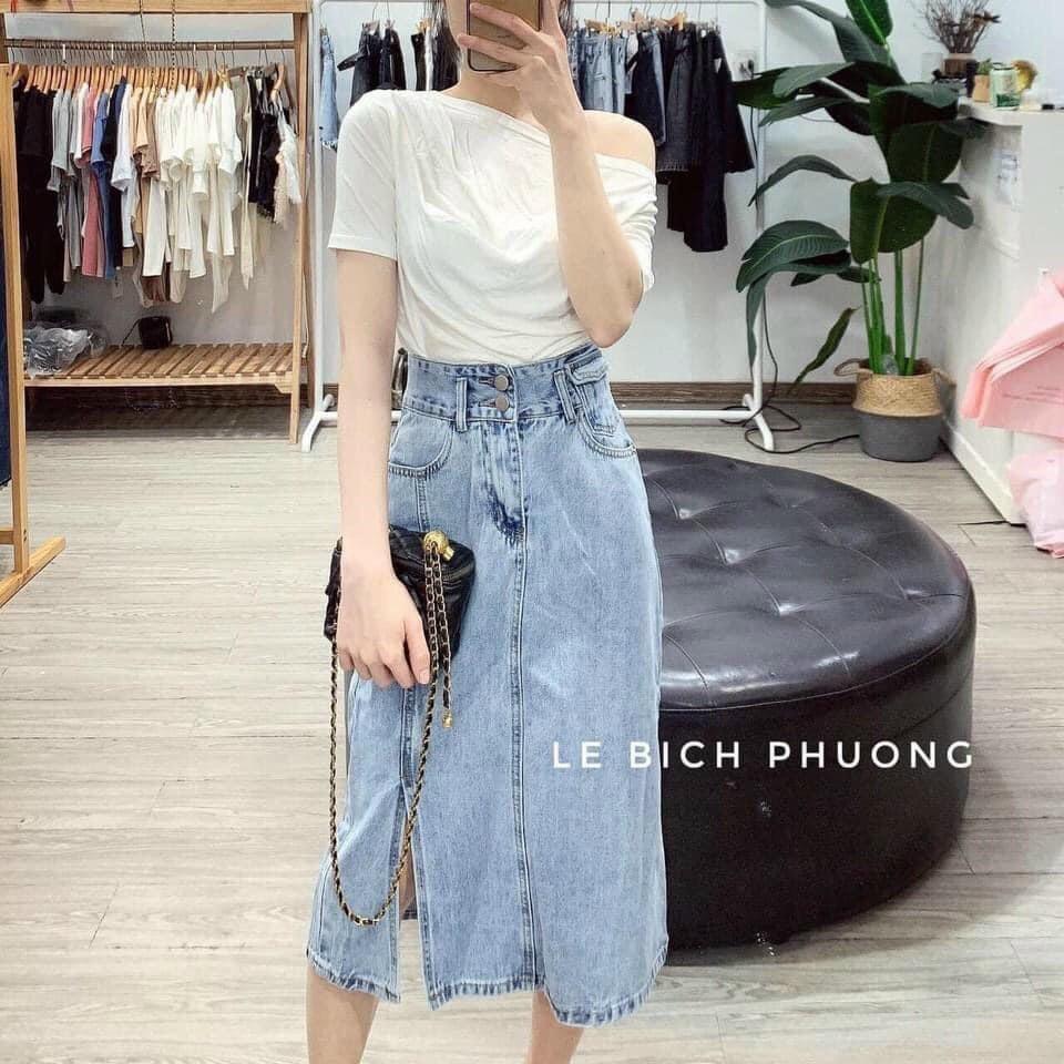 (Sẵn+ Ảnh Thật) Chân Váy Jeans Dài Cạp Cao Xẻ Gấu, Váy Jeans Chữ A DENIM cạp cao