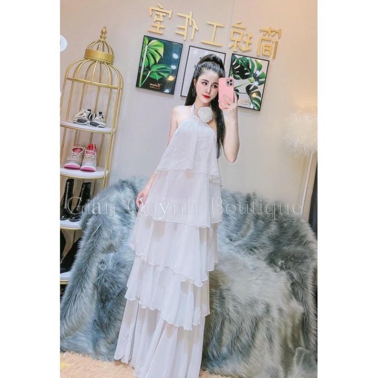 Đầm váy maxi voan chiffon lót 2 lớp mút ngực trắng tầng yếm hoa cổ vàng đi biển dự tiệc dạo phố bigsize gợi cảm sexy