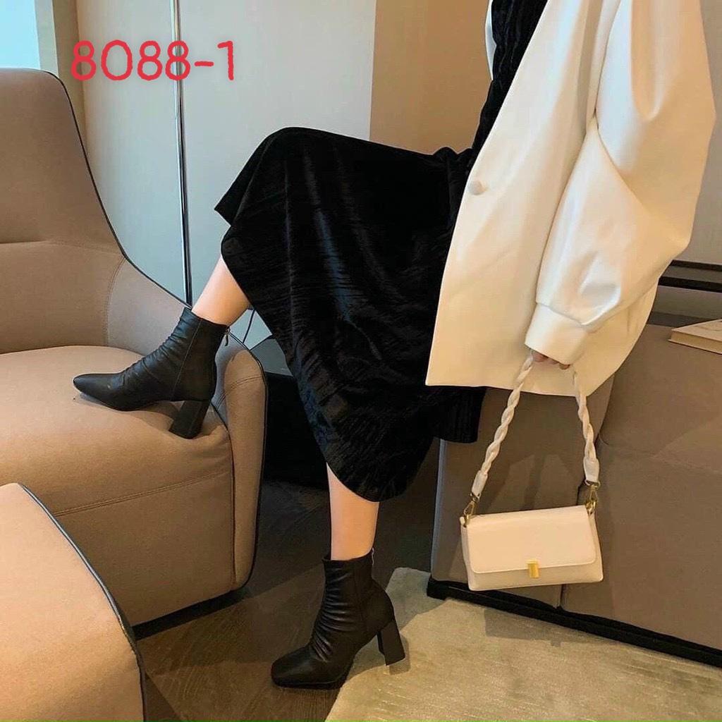 Bốt nữ nhún trước đế vuông lệch cao 7 phân ( mã 806-hộp xanh nhạt