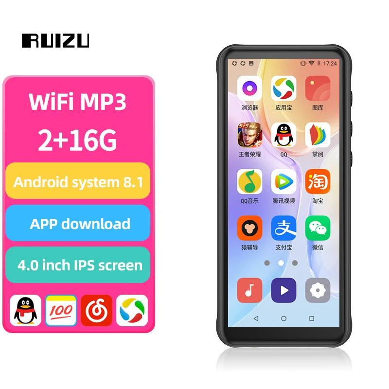 Quà Tặng Kèm - Máy Nghe Nhạc MP3 Ruizu Z80 HĐH Android 8.1 RAM 2Gb/ROM 16Gb Bộ Xử Lý 8 Nhân Kết Nối Wifi Bluetooth 4.2 Màn HD 4inches - Hàng Chính Hãng