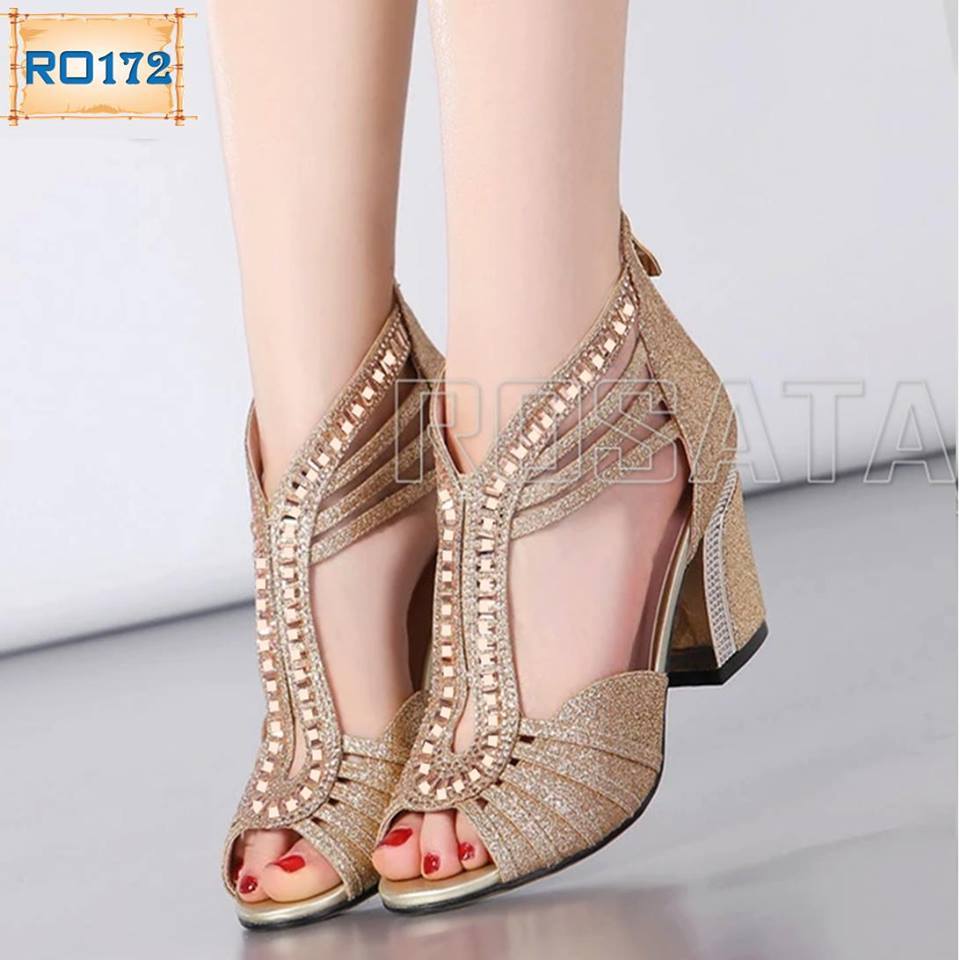 Sandal nữ phối kim tuyến cao cấp ROSATA RO172 5p gót vuông - HÀNG VIỆT NAM - BKSTORE