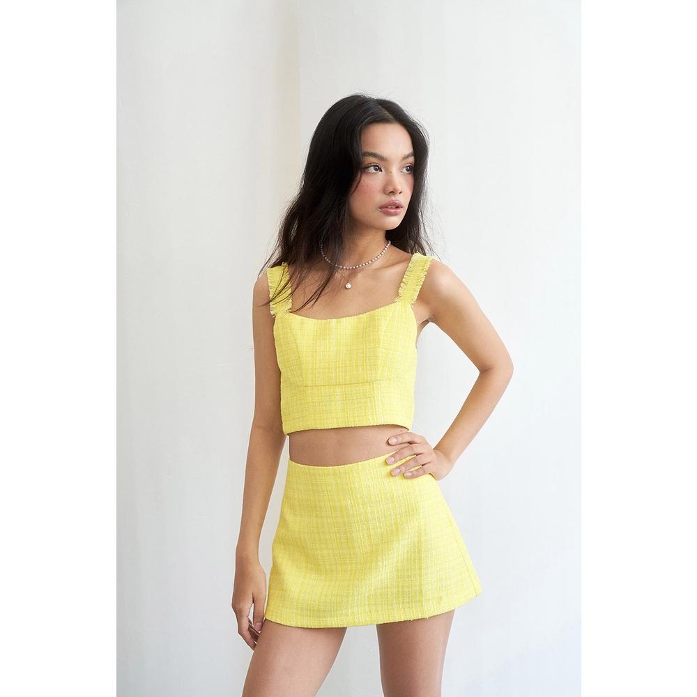 DOTTIE - Chân váy ngắn vải tweed gắn tua rua nữ vàng S0128