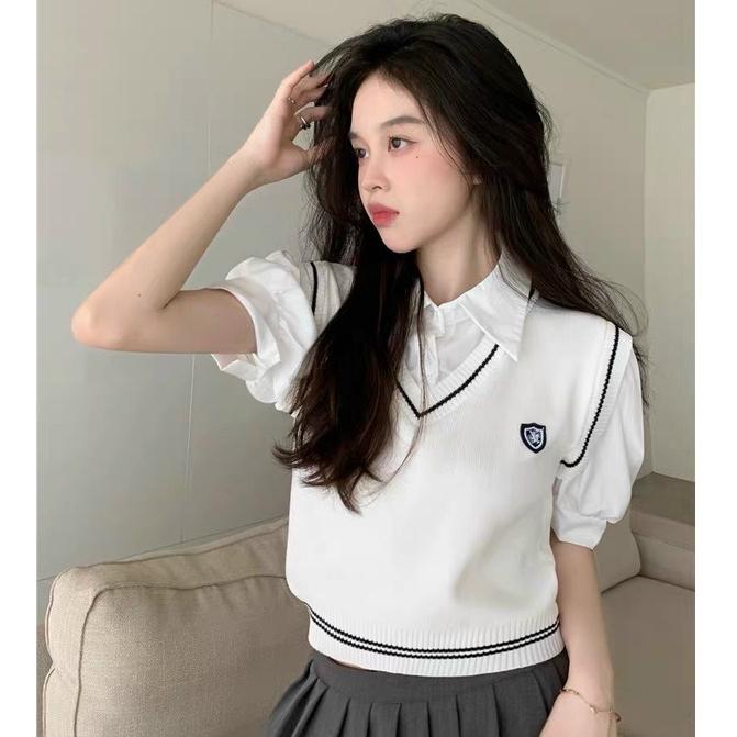 Áo len nữ Montoghi phong cách GILE kiểu 2 LỚP phối cổ sơ mi tay phồng hàng Quảng Châu xinh xắn