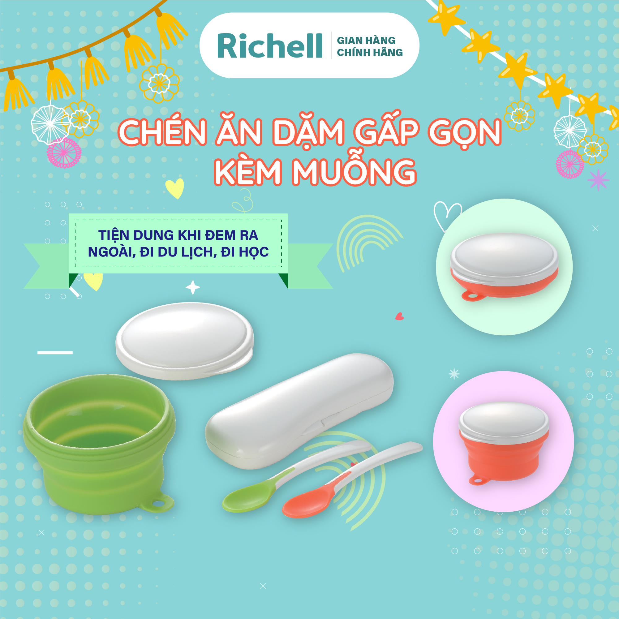 Chén ăn dặm gấp gọn kèm muỗng Richell Nhật Bản | Baby