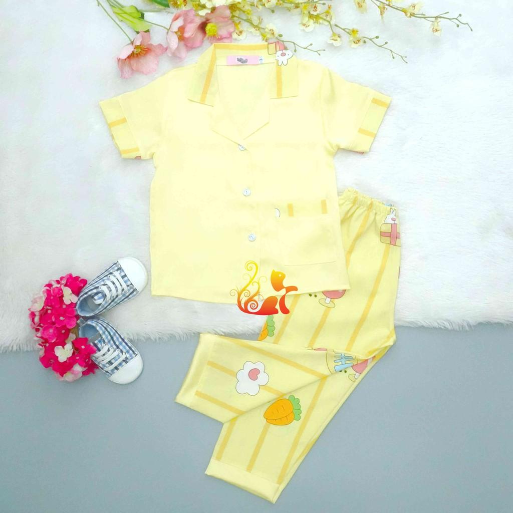 Đồ Bộ Pijama Satin &quot;Cà rốt &quot; Áo Phối Trơn Quần Dài Cho Bé - Từ 12kg - 42kg