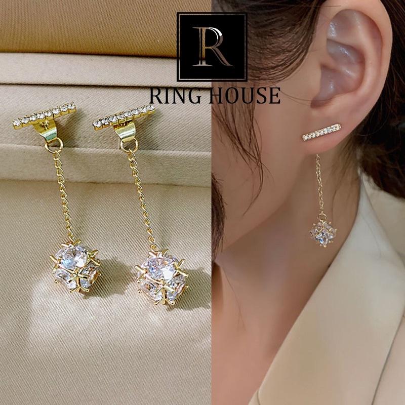 Khuyên Tai Bông Tai Nữ Thiết Kế Gạch Khối Tròn Dài Ring House