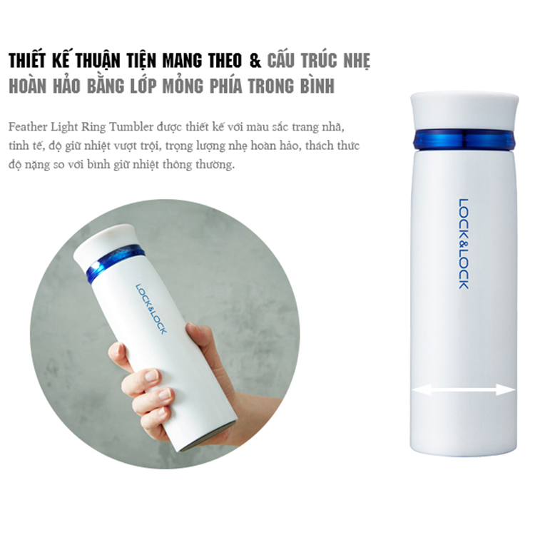 Bình Giữ Nhiệt 450ml Lock&amp;Lock Feather Light màu trắng xanh LHC4131WB, Hàng chính hãng - JoyMall