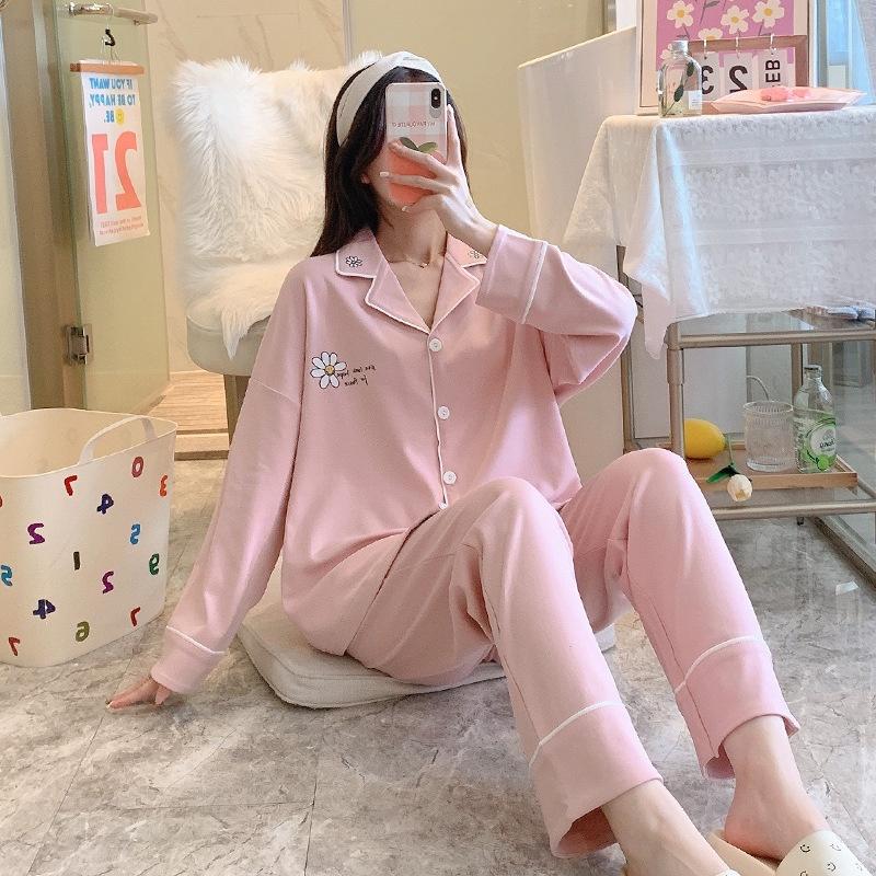 Đồ Mặc Nhà Pijama Dễ Thương, Đồ Bộ Nữ Cotton Áo Dài Quần Dài Màu Trơn Vàng Hồng DDCP06