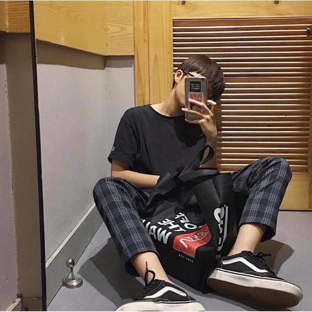 Quần baggy unisex ống suông kaki caro phong cách Ulzzang SmileZ