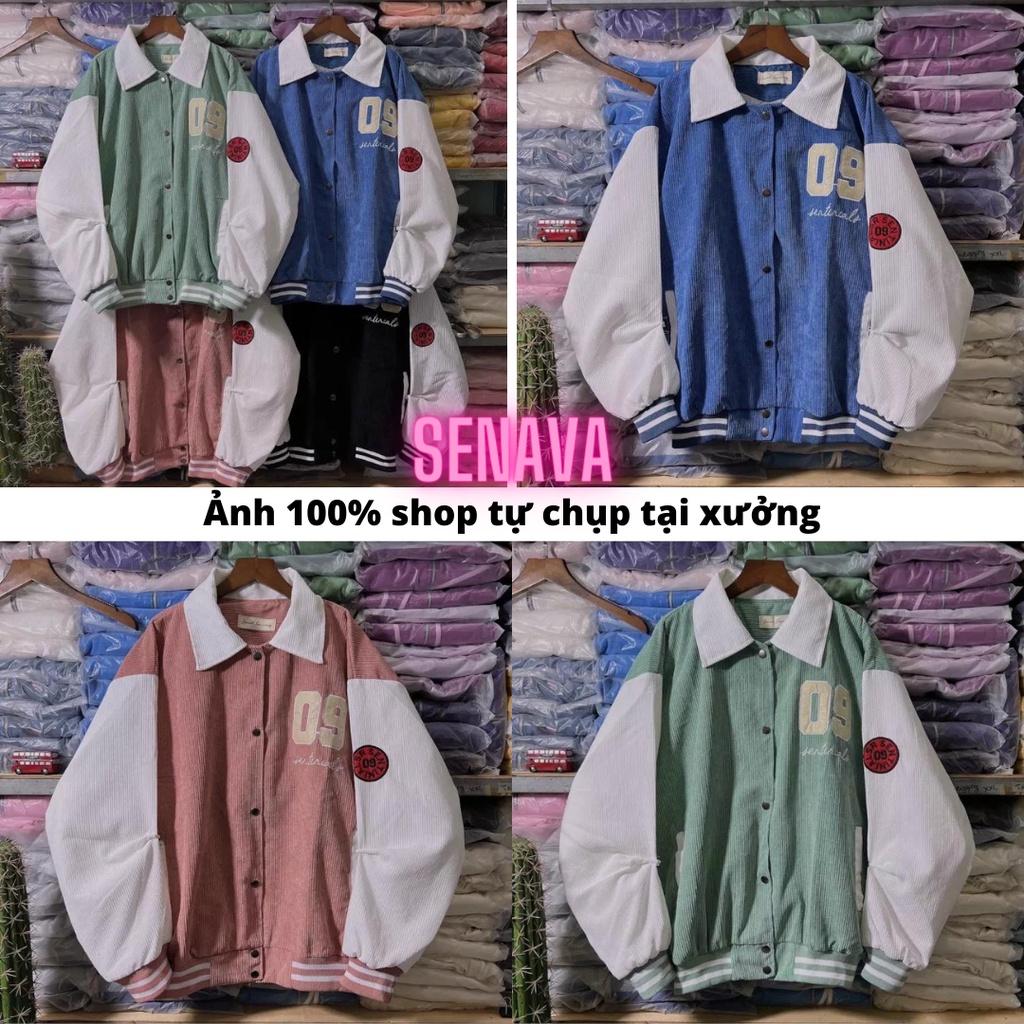 Áo khoác bomber Unisex Cổ Bẻ Nhung Tăm Thêu Số 09 Chống Nắng Form Rộng 2 Lớp cho nam nữ SENAVA