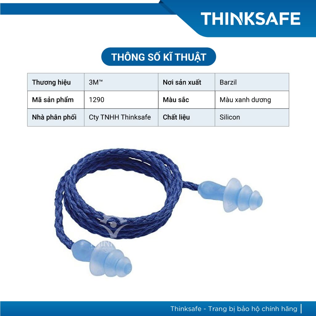 Nút tai chống ồn 3M 1290 có dây chất liệu Silicone, giảm ồn 25 dB - Thinksafe