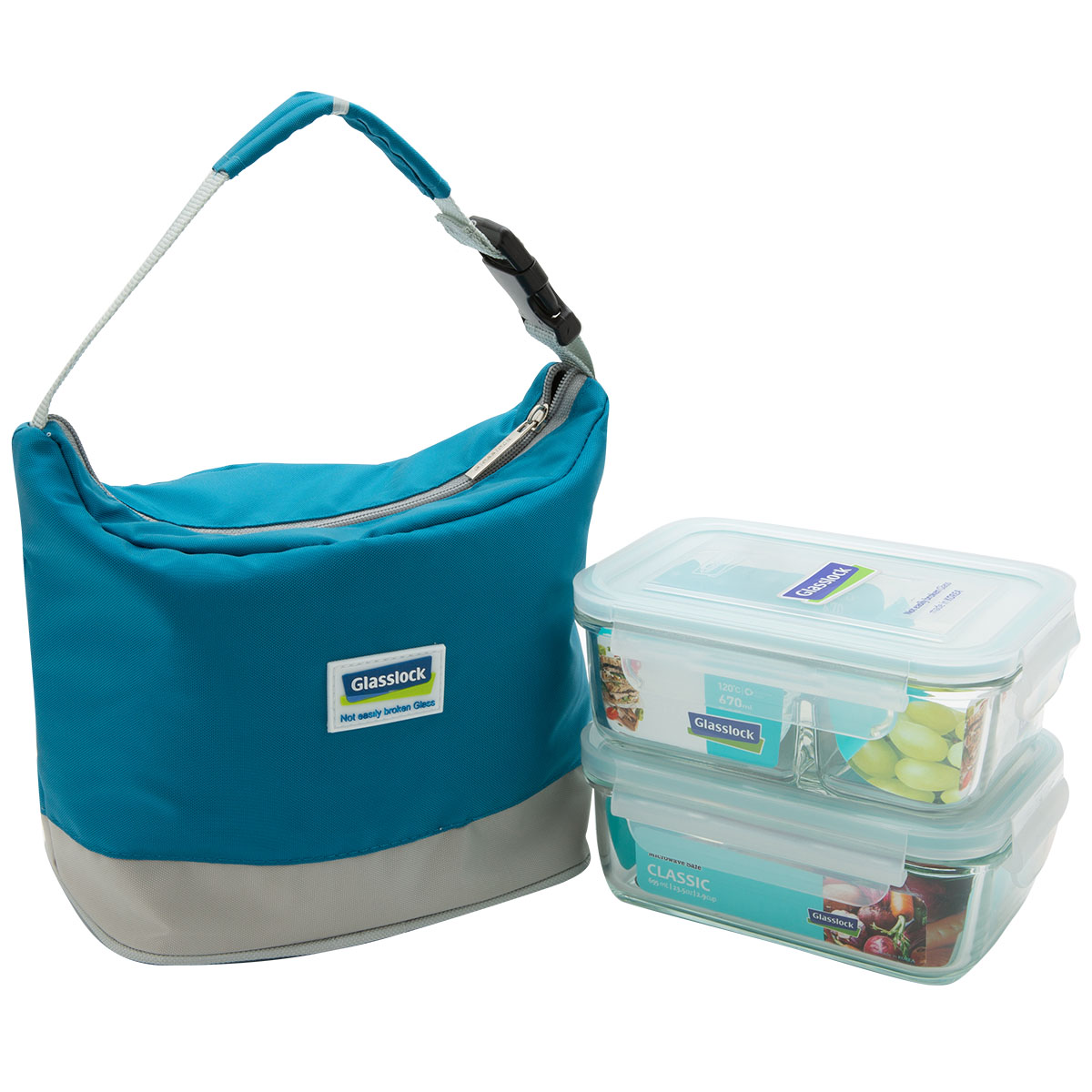 Bộ 2 Hộp Thủy Tinh Glasslock Chia Ngăn Lunch67-71K 670ml Và 695ml/710/715ml + Túi Giữ Nhiệt