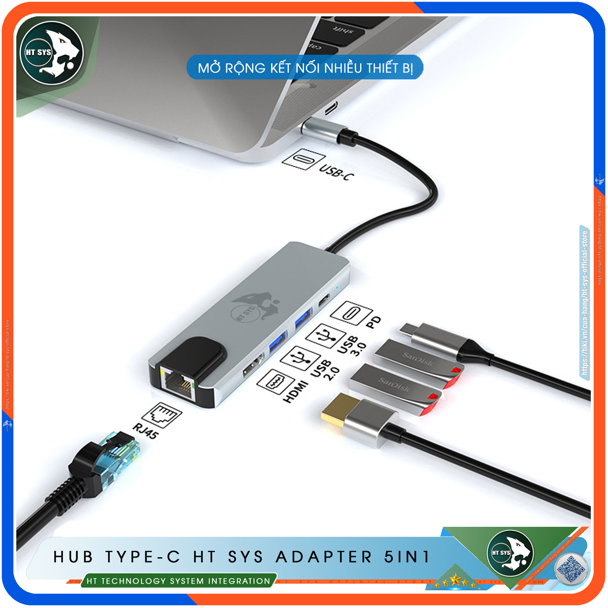 Hub Type-C To HDMI HT SYS 5in1 Chuẩn HDTV - Hub Chuyển Đổi USB Type-C 5 Cổng - Cổng Mạng Lan, HDMI 4K, USB 3.0, Sạc Nhanh Type C PD - Kết Nối Nhiều Thiết Bị Với Tốc Độ Cao - Dành Cho MacBook, Tivi, Laptop, PC, Máy Tính Bảng, Smartphone – Hàng Chính Hãng