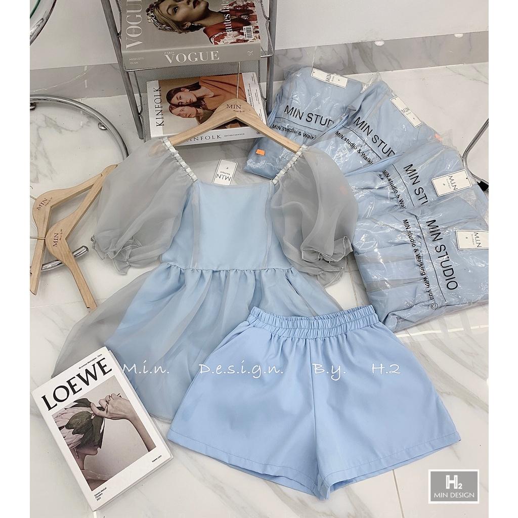 Bộ Áo Babydoll Voan Kính Cổ Vuông Cộc Tay 2 Lớp Kèm Quần Đùi