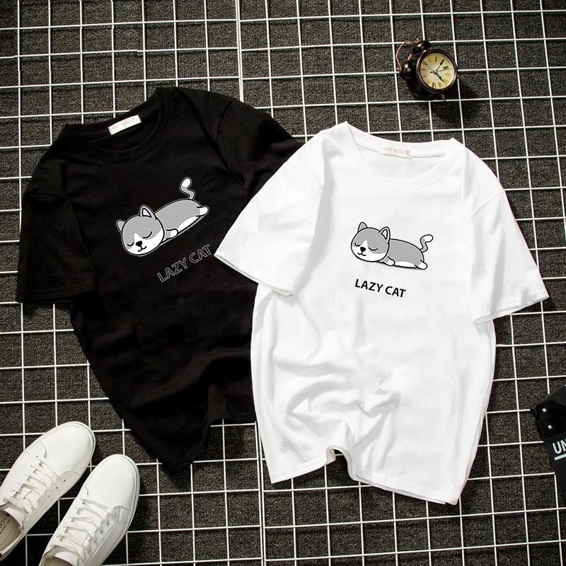 Áo thun unisex form rộng in lazy cat vải dày mịn 2019T1151