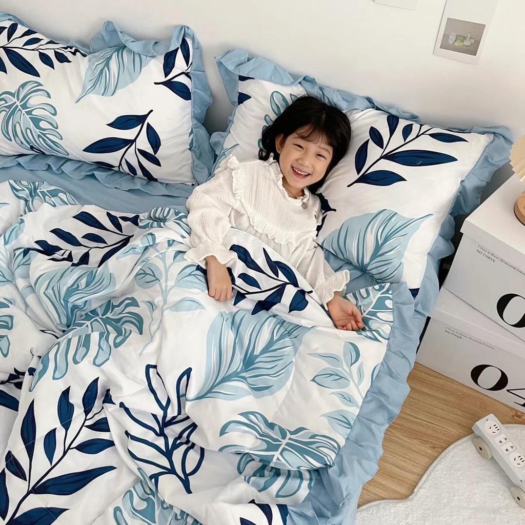 Bộ chăn đũi hè vỏ ga và 2 vỏ gối M2T bedding chăn lót bông thiết kế phối bèo họa tiết lá cọ xanh