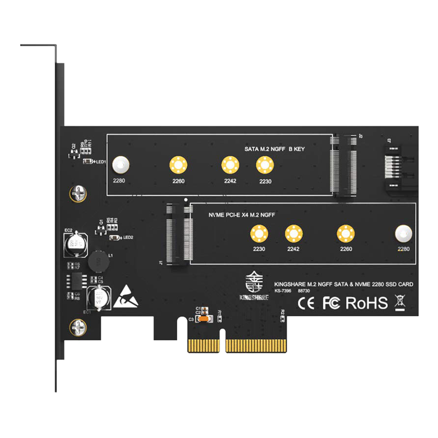 Adapter Kingshare Chuyển Đổi SSD M2 NVMe + M2 sata To PCIe 3.0 x 4 (2 Slot ) - Hàng Nhập Khẩu