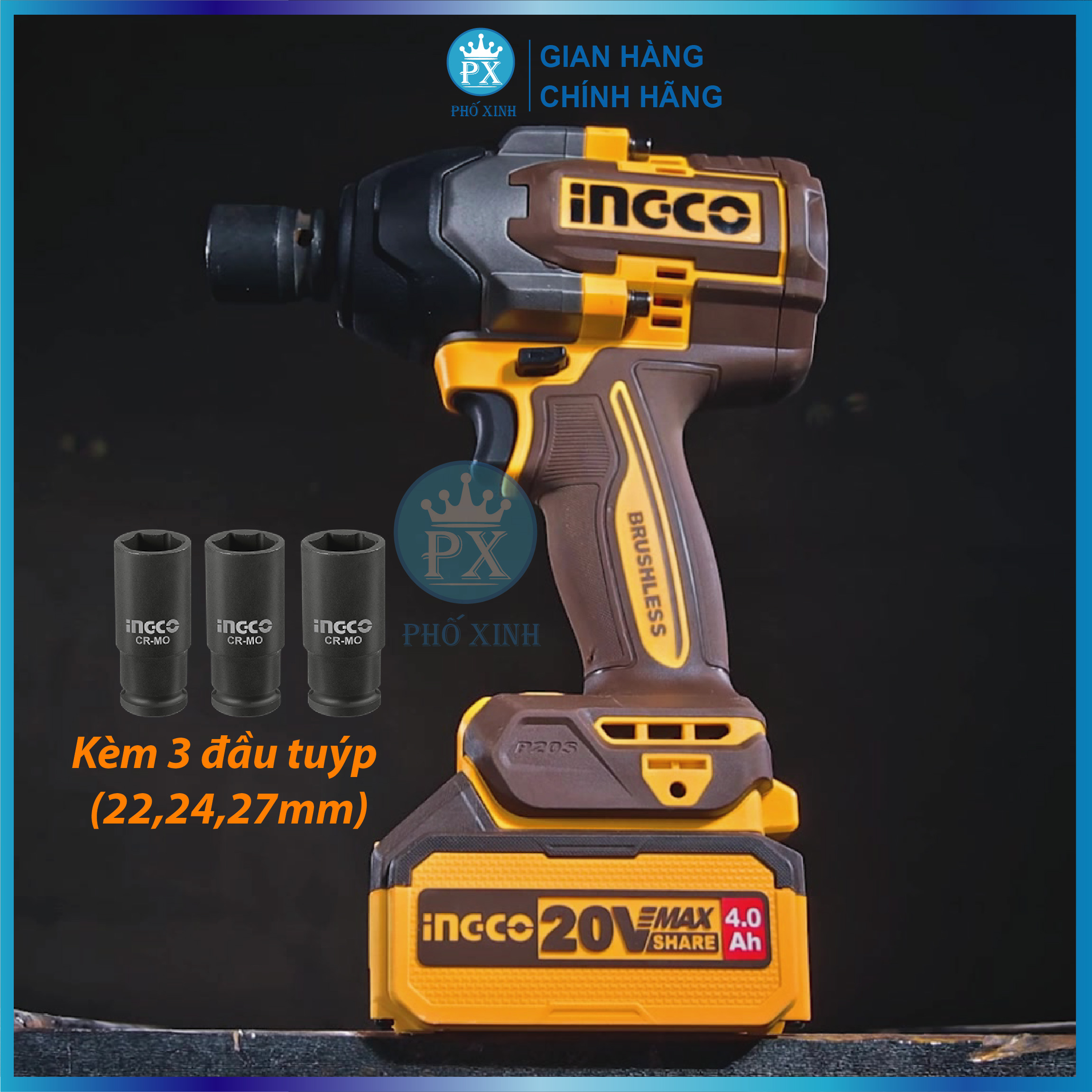 Máy siết bulong INGCO 850NM xe ô tô xe máy xe tải tháo mở ốc bulong pin KHÔNG CHỔI THAN CIWLI2085 kèm 1 sạc 2 pin 4ah