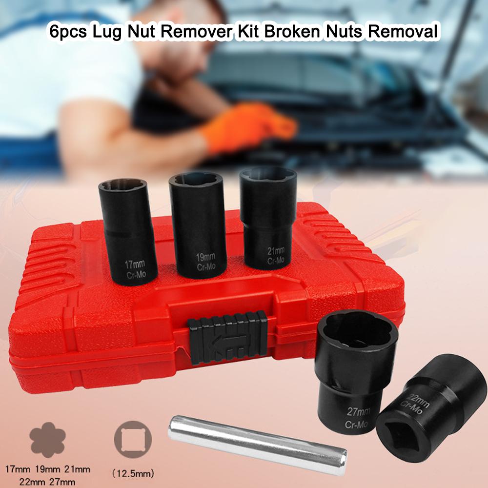 6pcs Lug Nut Remover Kit Broken Nuts Removal Tool Set Broken Nut Bolt Extractor Rust Damaged Stuck Nut Bolts Extractor